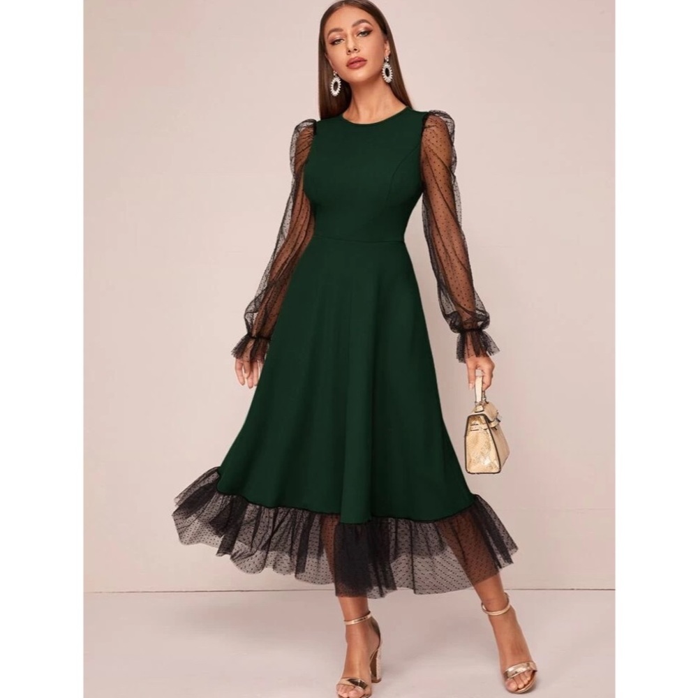 Women’s Dobby Mesh Long Sleeve Midi Dress